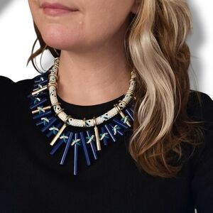 Zara Statement Necklace Climbing Cord HEAVY blue metal bib rods & spikes